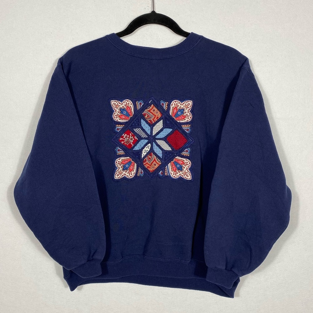 Vintage Hanes Navy Blue Sweatshirt with Quilted Embroidered Design medium